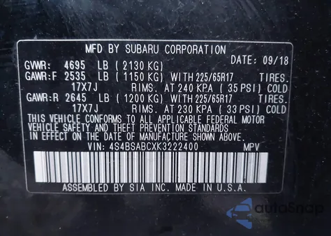 2019 Subaru Outback 2.5I from USA, damaged, VIN 4S4BSABCXK3222400